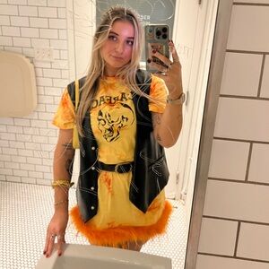 AKIRA Orange Tie-Dye Graphic Tee Dress With Feather Trim